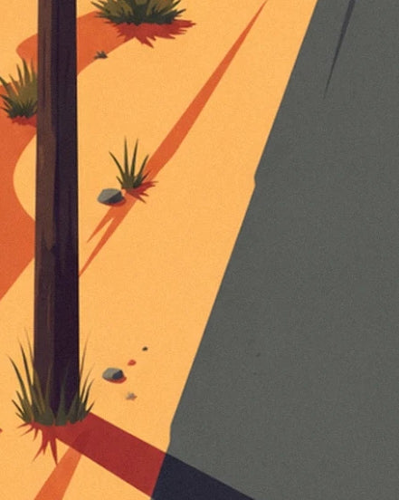 The wooden pole and its shadow on the sand, among tufts of grass beside the road