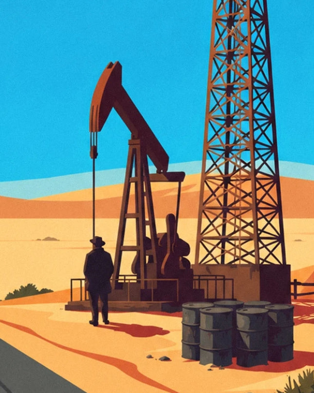 The oil pump and metal tower, with a man and barrels in the desert