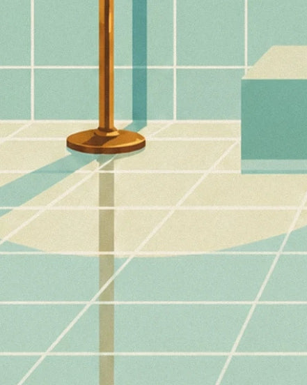 The golden base of a pipe and its reflections on the pale green tiled floor