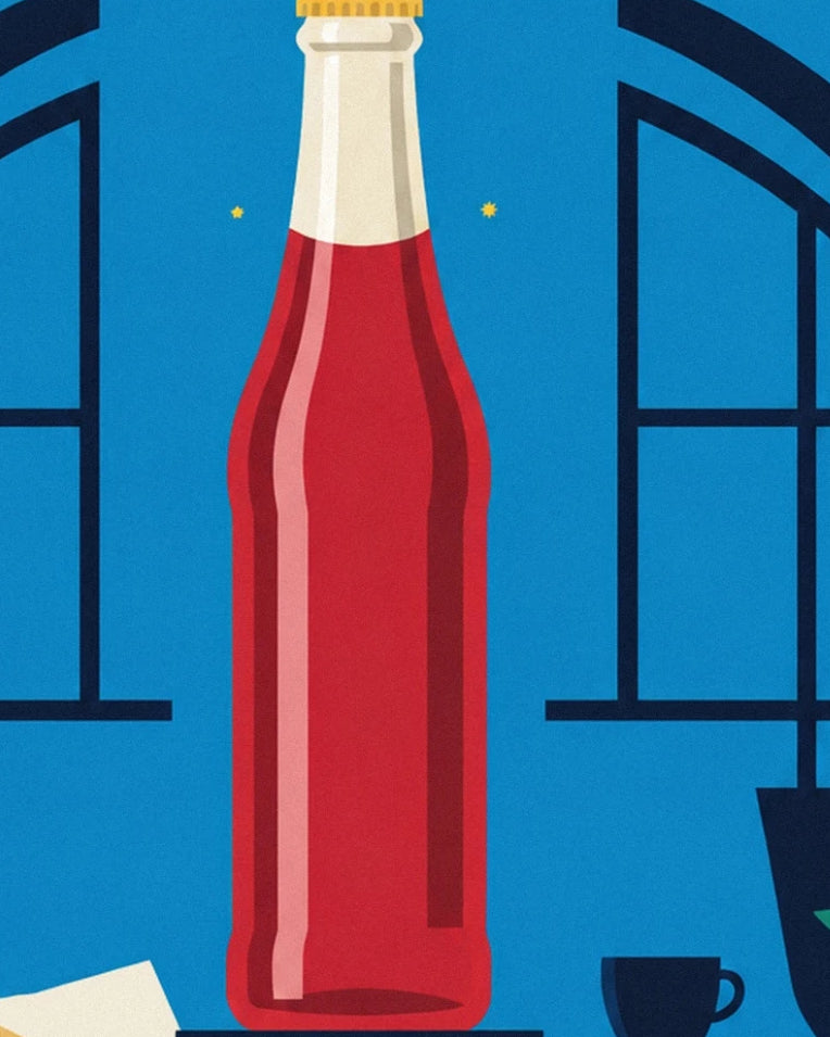Sparkling soda bottle and starry sky poster: close-up detail