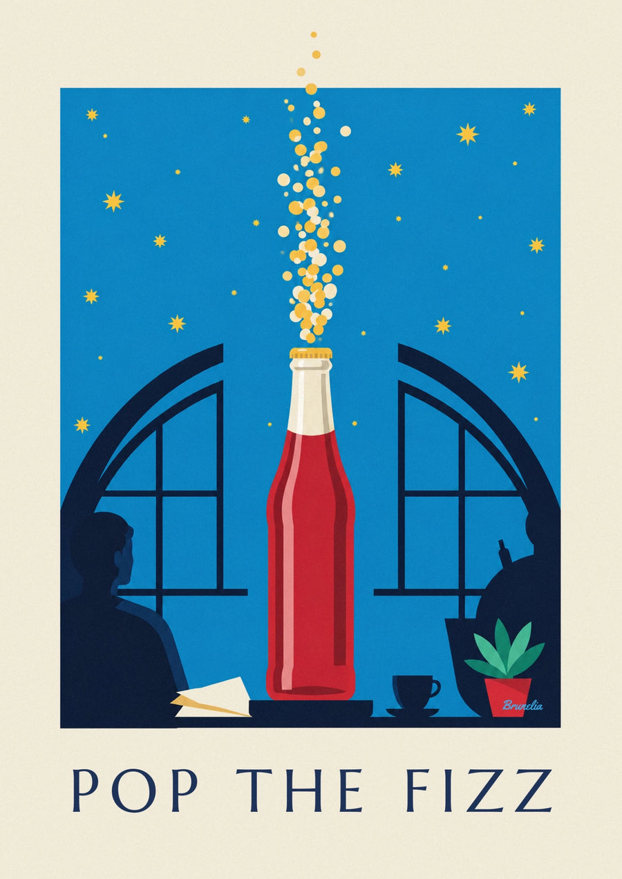 Sparkling soda bottle and starry sky poster