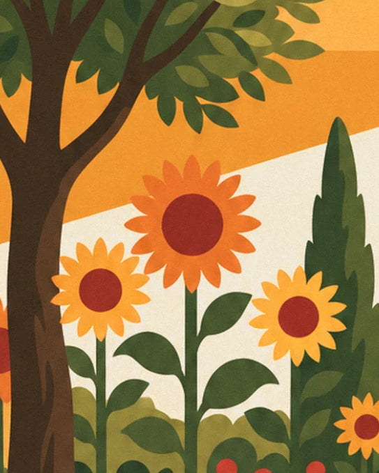 Des tournesols orange aux cœurs rouges, au pied d'un grand arbre et d'un cyprès