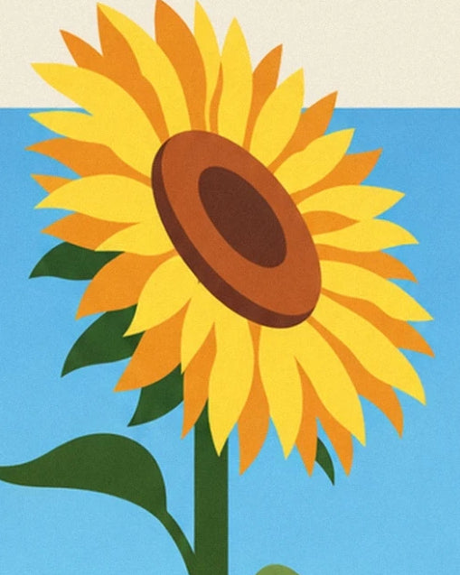 A sunflower with yellow and orange petals, a brown centre and a green stem