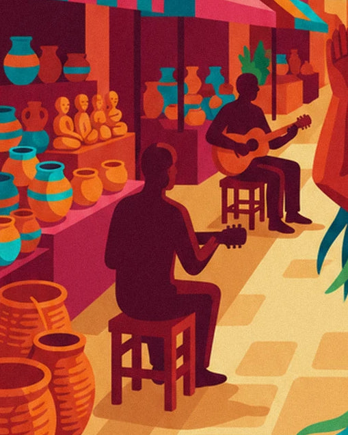 Les 2 guitaristes assis près des étals de poteries turquoise et orangées