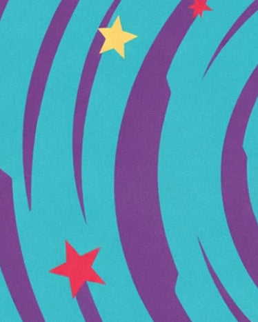 Red and yellow stars between curved purple bands against a turquoise background