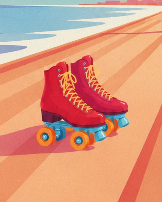 Red roller skates with yellow laces and orange wheels on the promenade