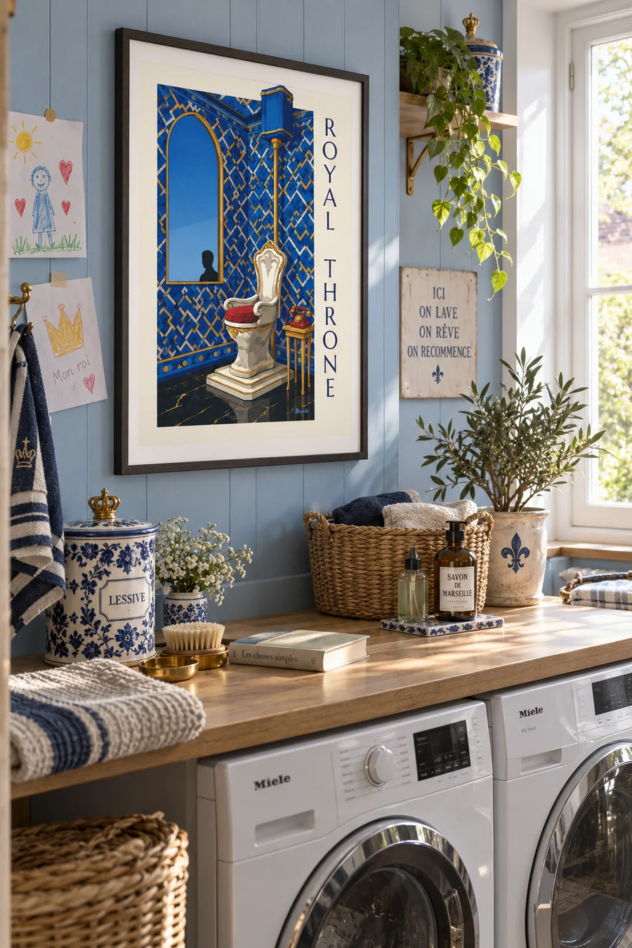 Poster of a royal throne toilet and a rotary phone: framed on the wall