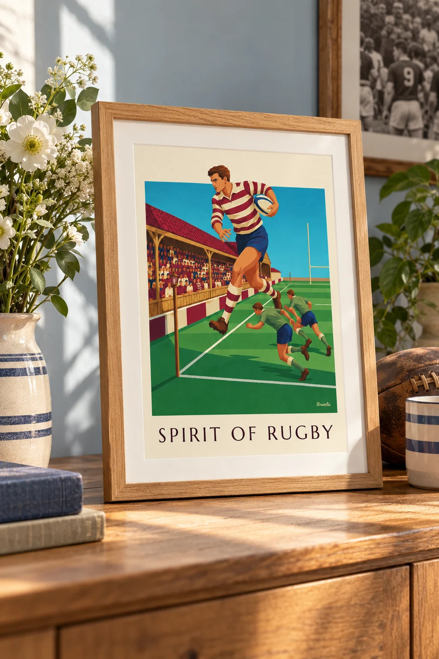 Affiche joueur de rugby sprintant le long de la touche : petit format A4 encadré