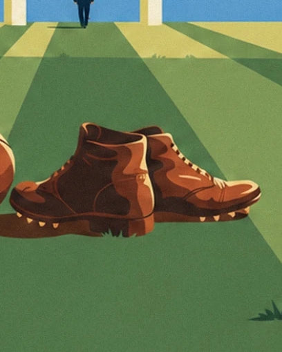 Les 2 chaussures brunes à crampons sur le terrain de rugby vert