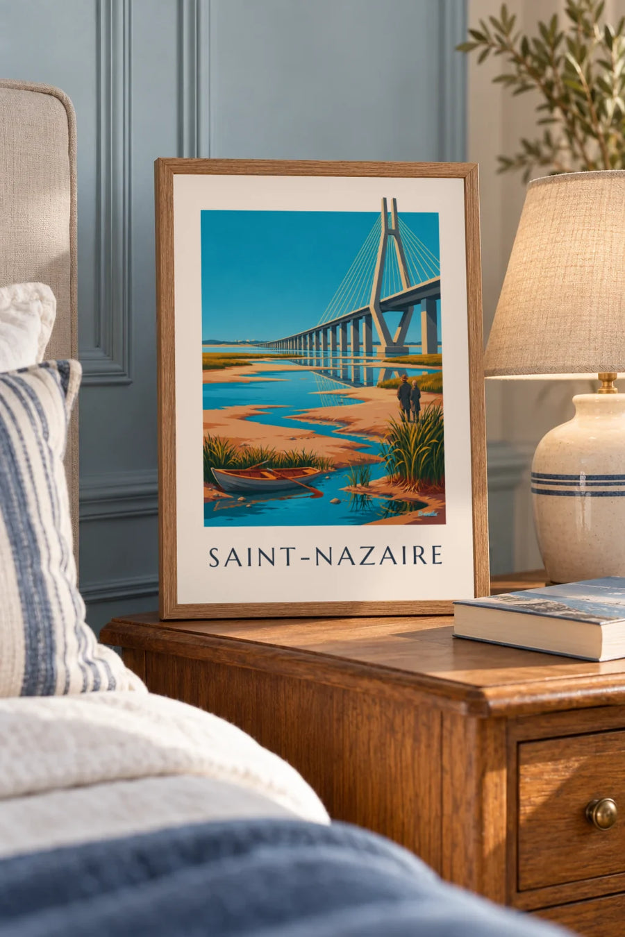 Affiche pont de Saint-Nazaire et barque sur l'estuaire : petit format A4 encadré