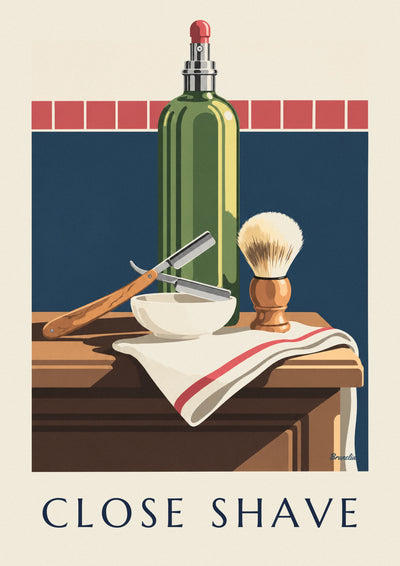 Affiche rasoir coupe-chou, blaireau et flacon d'après-rasage : l'affiche entière