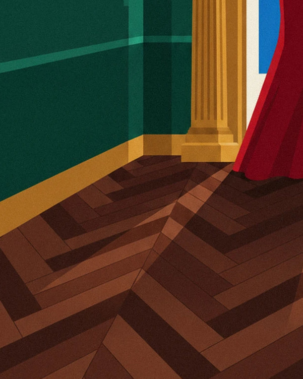 Le parquet en chevrons brun et l'ourlet de la robe rouge, dans l'angle vert