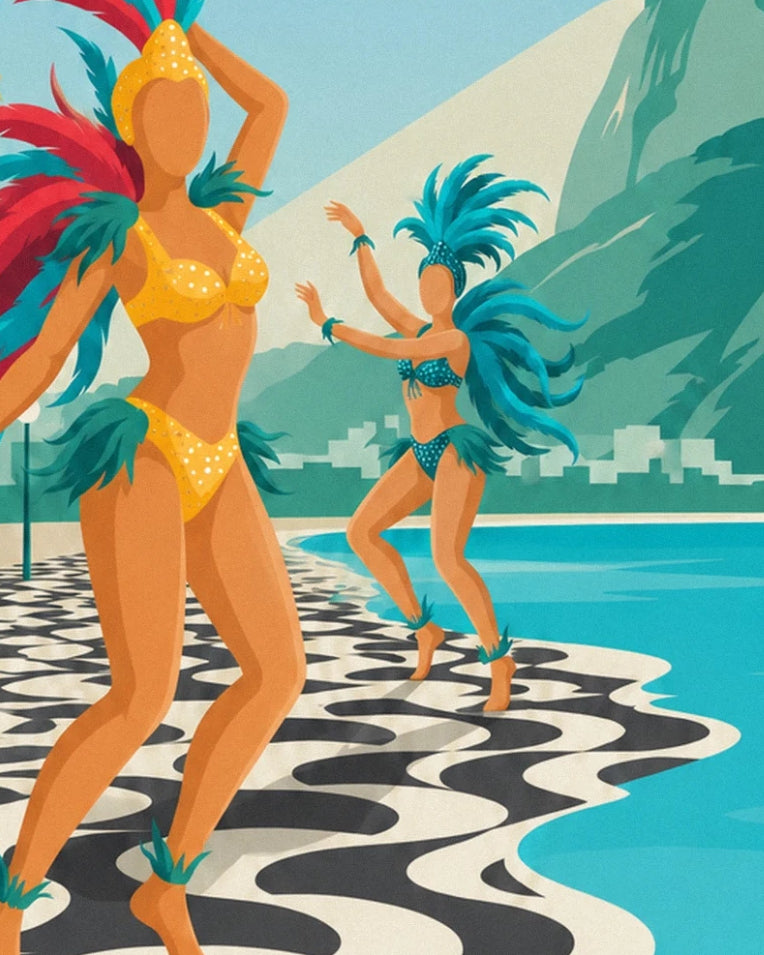 Affiche danseuses de samba sur la promenade de Copacabana à Rio : détail en gros plan
