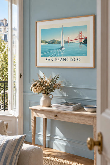 Plakat z białym żaglowcem w zatoce San Francisco: w ramie na ścianie