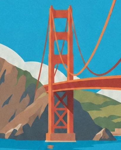 The orange-red tower of the Golden Gate and its cables in front of the hills