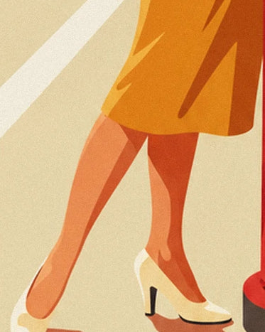 Les jambes croisées de la pin-up en jupe orange et escarpins crème