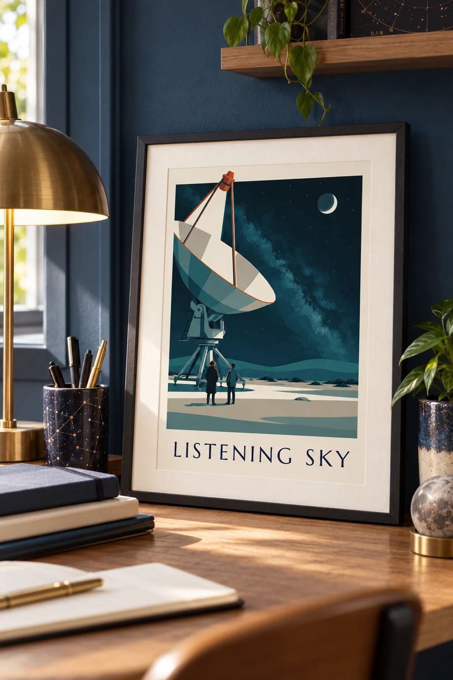 Plakat radioteleskop skierowany w gwiaździste niebo na pustyni: mały format A4 w ramie