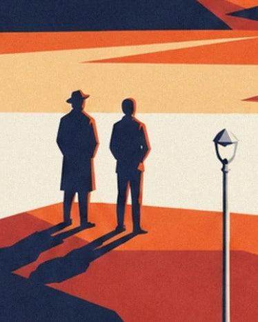 Les 2 silhouettes sombres aux longues ombres, près d’un mât dans le désert orangé