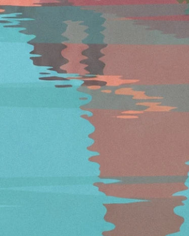 Pink and grey reflections of the façades rippling on the turquoise water of the Garonne