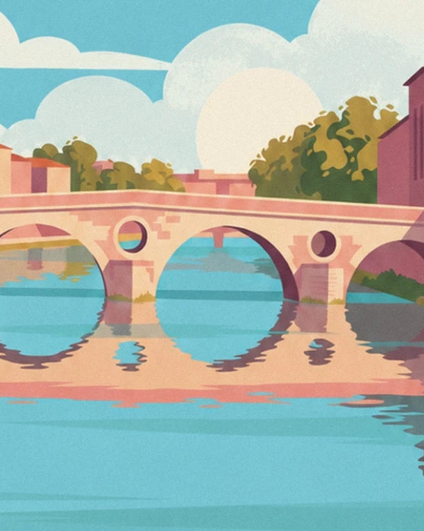 The arches and round openings of Pont-Neuf reflected in the turquoise Garonne