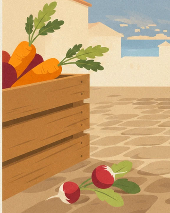 The corner of a wooden crate filled with green-topped carrots, with 2 radishes fallen onto the cobblestones