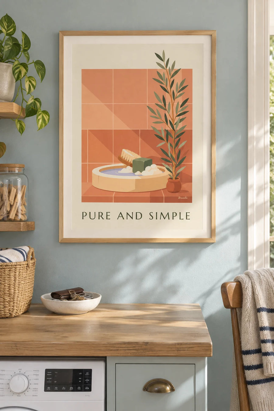 Marseille soap cube and wooden brush poster: framed on the wall