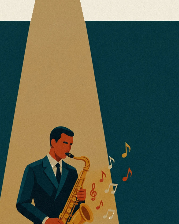 Golden saxophone in a jazz spotlight poster: close-up detail