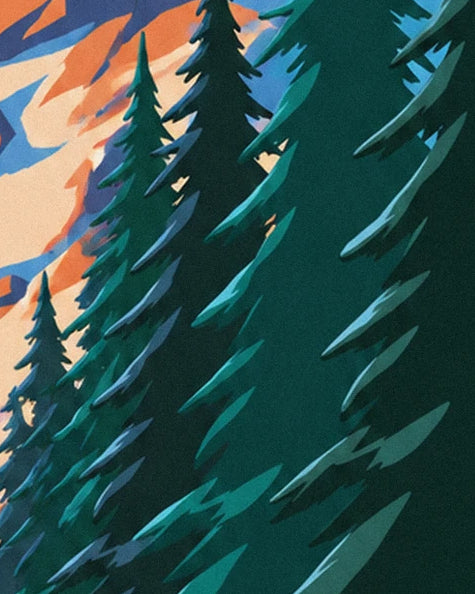 The dark green fir trees with turquoise branches in front of the orange mountain