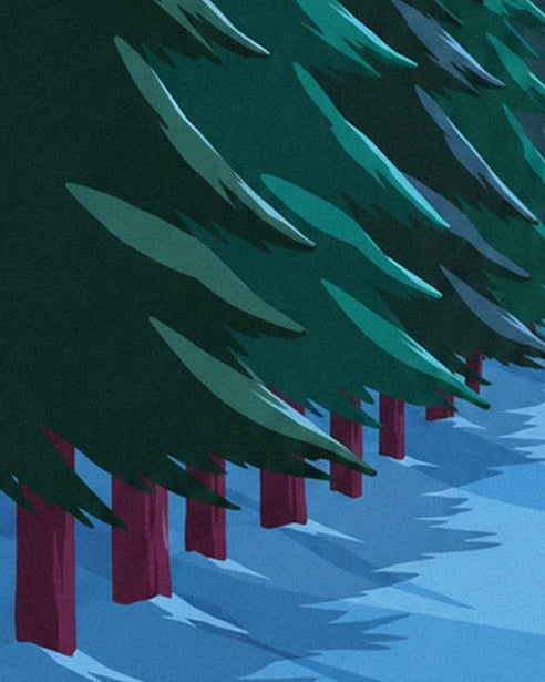 The purple trunks of the fir trees and their long blue shadows on the snow
