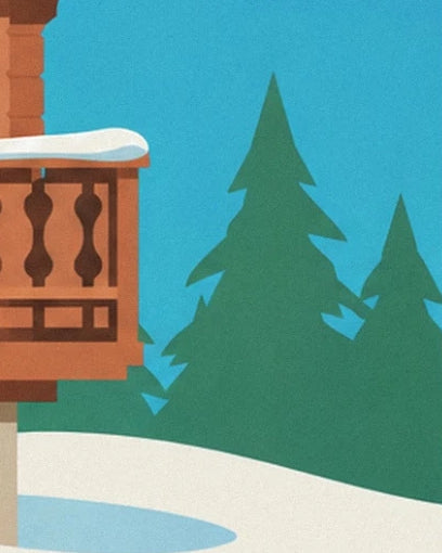 Les sapins verts près du balcon en bois, au-dessus du sol enneigé