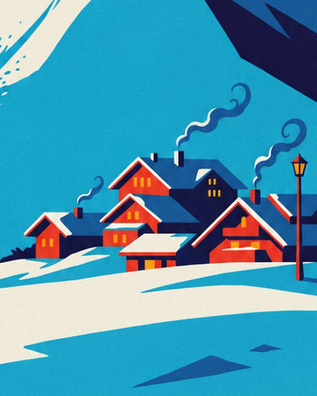 Les chalets rouges aux fenêtres éclairées, cheminées fumantes et lampadaire, sous la montagne