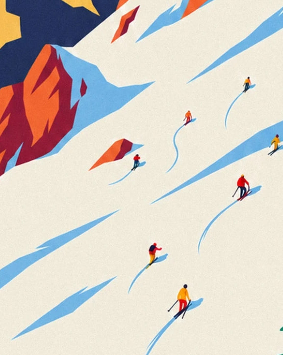 The skiers in colourful outfits and their curved tracks in the snow