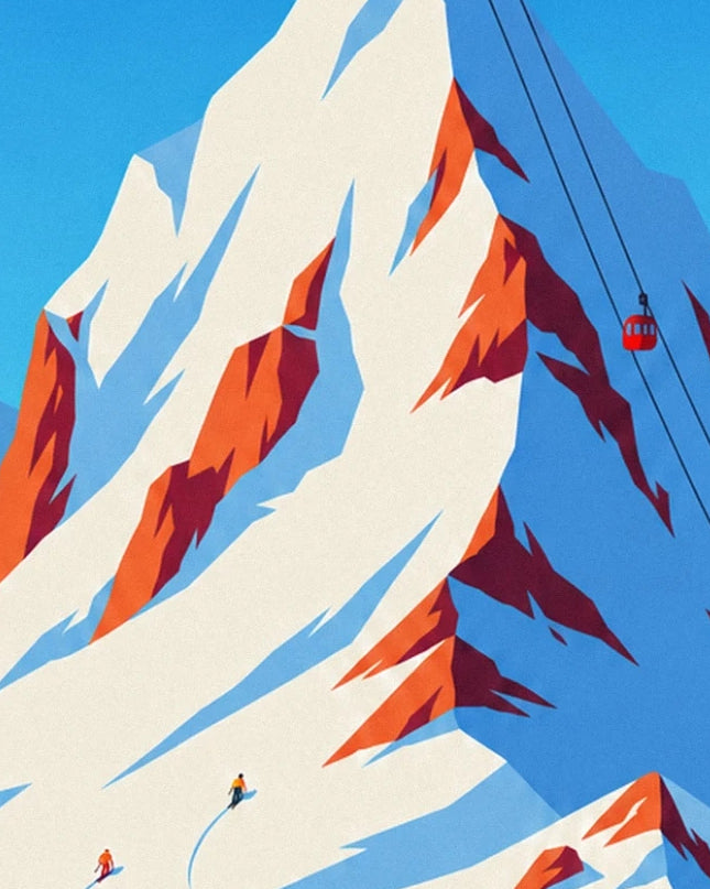 The snow-covered faces of Pic Blanc, the orange rocks and the red cable car