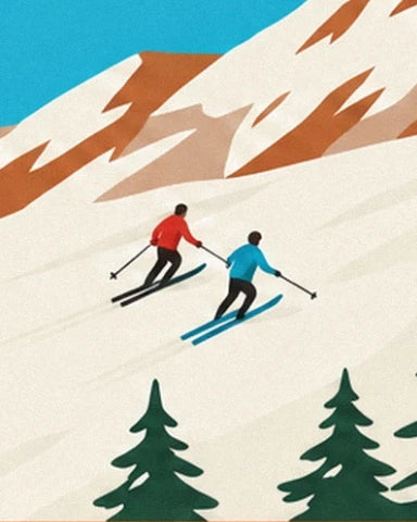 The 2 skiers in red and blue jackets on the snowy piste above the fir trees
