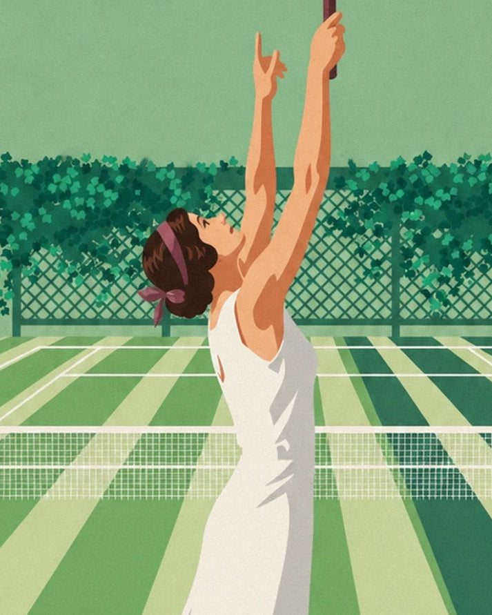 The player in a white dress with her arms raised to serve in front of the net