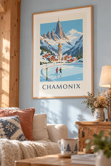 Plakat łyżwiarze na lodowisku w Chamonix i Aiguille du Midi: w ramie na ścianie