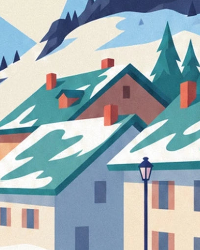 The snowy green roofs of Chamonix, their red chimneys and a dark street lamp