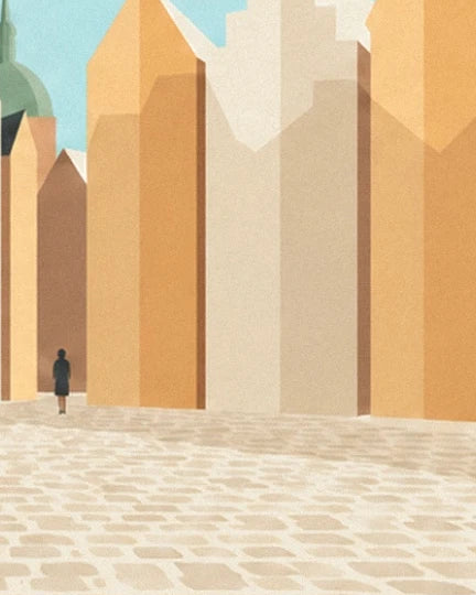 A lone figure at the foot of the golden and cream façades on the cobbled square