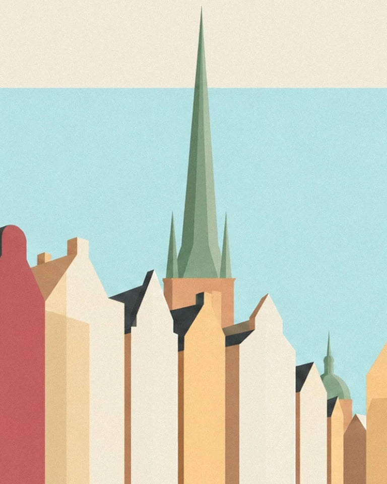 A slender green spire above the cream and ochre façades of Gamla stan