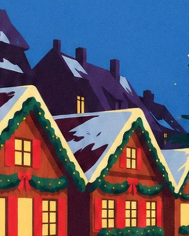 The red chalets with snowy roofs, green garlands and glowing windows