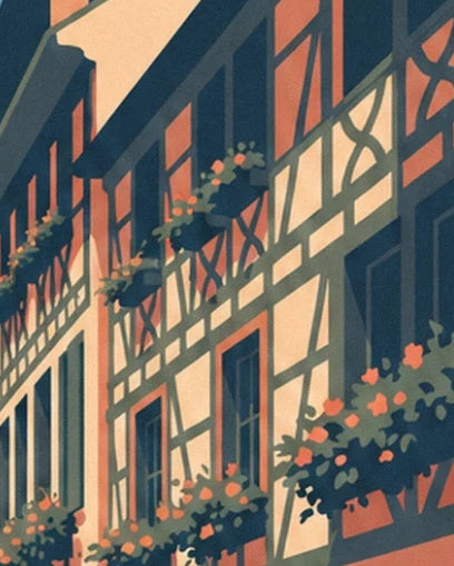 Les colombages sur les façades crème et corail, parées de jardinières fleuries