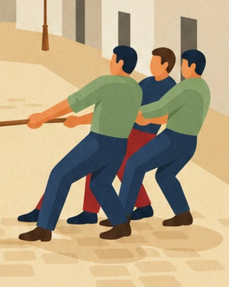 Players in green shirts and blue trousers leaning back on the cobblestones