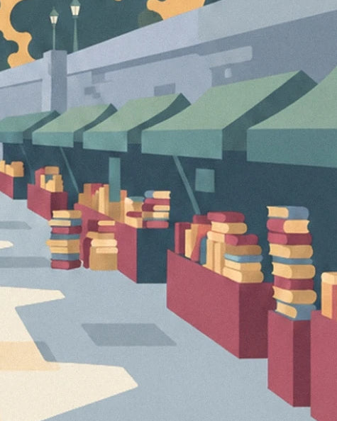 Les livres aux dos colorés dans les boîtes des bouquinistes, sous leurs auvents verts