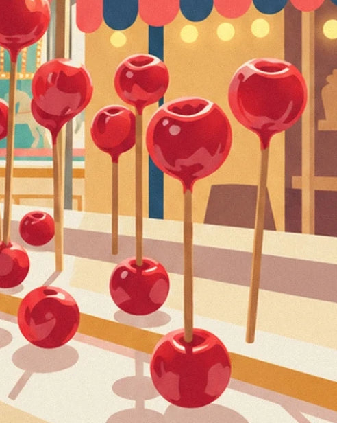 Les pommes d'amour rouges sur leurs longs bâtons devant le stand aux lumières jaunes