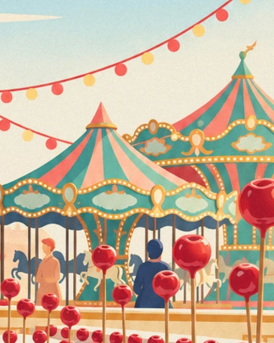 Le manège aux toits rayés rose et turquoise derrière les pommes d'amour rouges