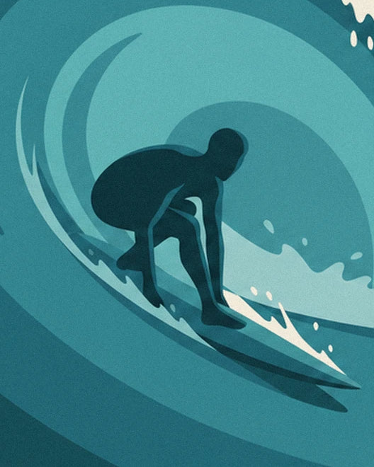 The surfer crouching on his board inside the barrel of a turquoise wave