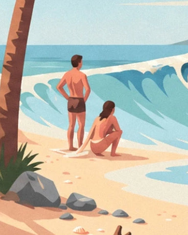The 2 figures facing the waves, between golden sand and grey rocks
