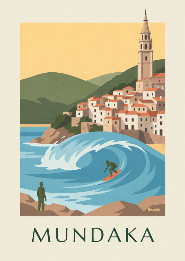 Surfer on the Mundaka wave in Biscay poster