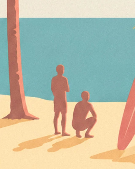 Les surfeurs en silhouette sur le sable, l'un debout et l'autre accroupi près d'un palmier