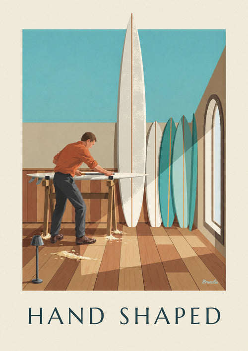 Poster of a shaper sculpting a surfboard in his workshop: the full poster